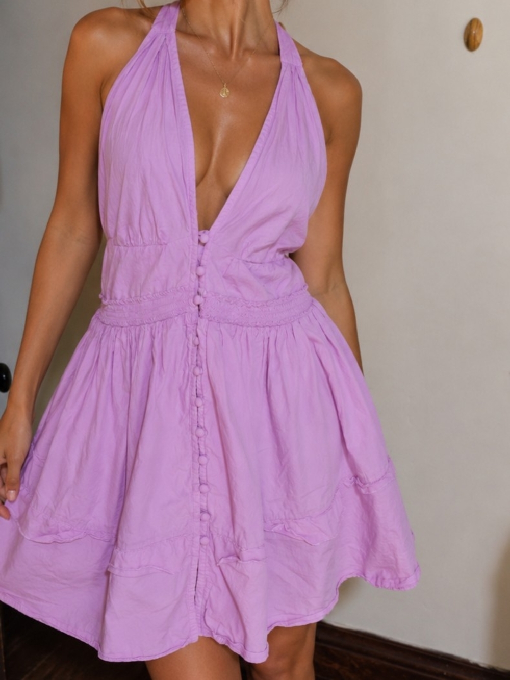 DR36 Free People "Sail Away" Halter Mini Flowy Babydoll Tiered Ruffle Smocked